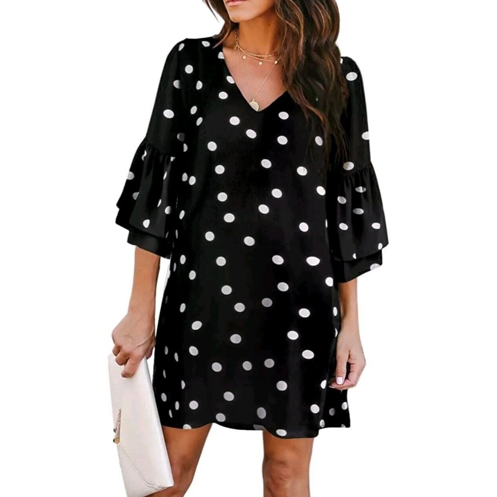 BELONGSCI Dress Sweet & Cute V-Neck Bell Sleeve Shift Dress Mini Dress Sz Medium